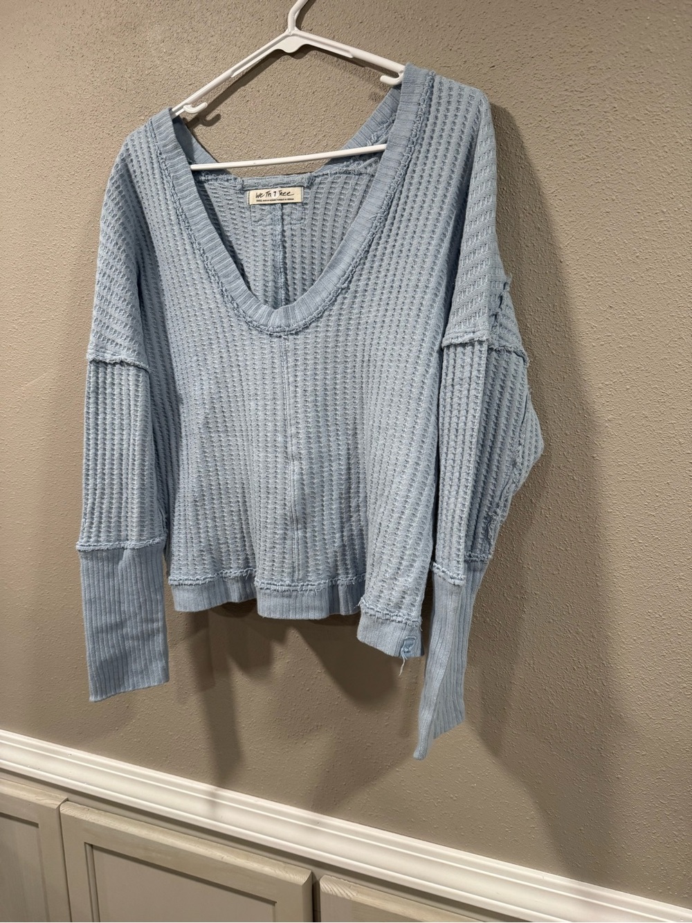 Free People Sky Blue Waffle V-Neck Long Sleeve Top - Picture 3 of 7